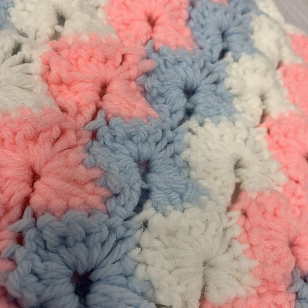 Handmade Crochet  Blanket Throw Pink Blue Baby Colors 50x48 ‎ Afghan